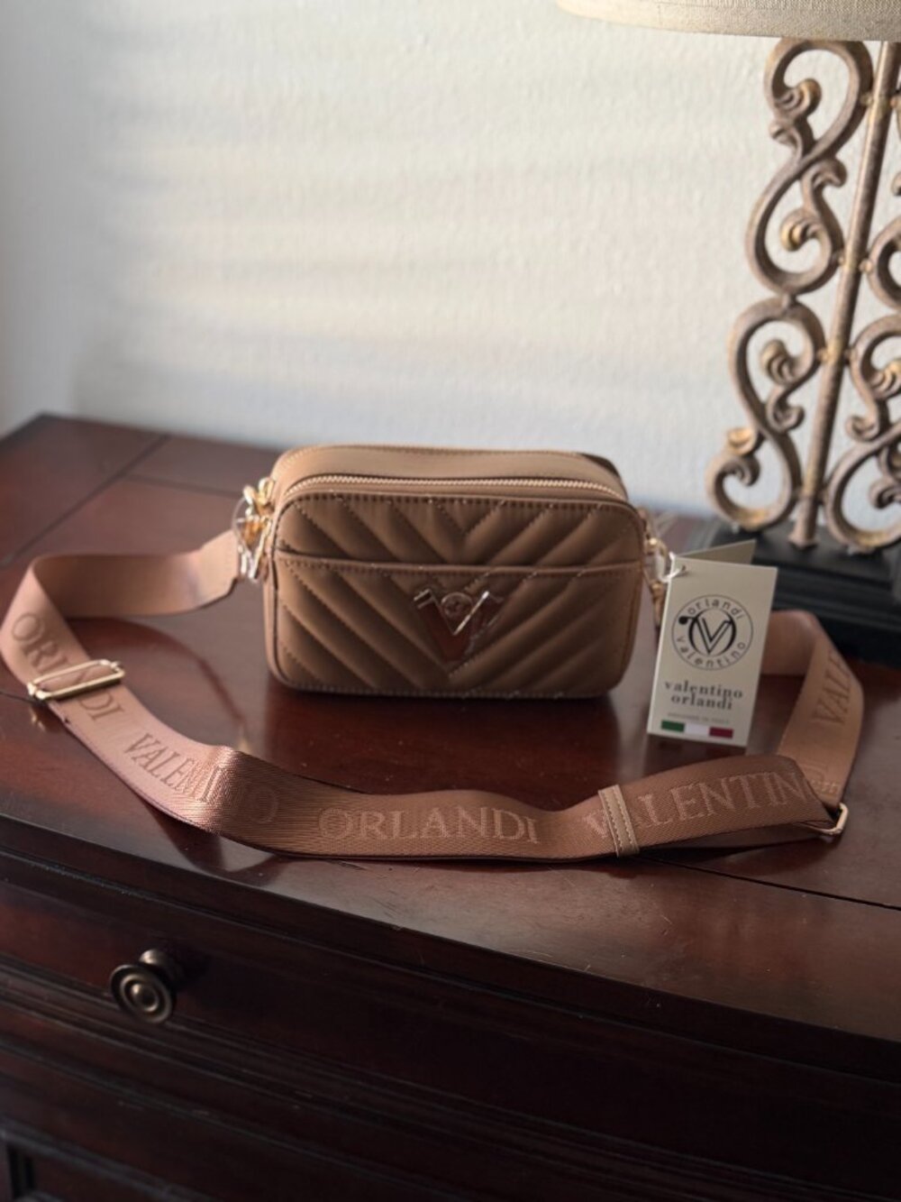 Valentino Orlandi Sarah Brown Quilted Double Zip Camera Crossbody NWT